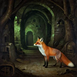 a Fox explores a Dungeon, luminous, Renaissance Painting