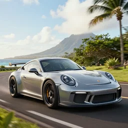 porsche gt3 in hawaii, game cover, realistic