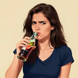 Digital illustration, Photoshop style, of a disgusted woman drinking pickle flavoured soda