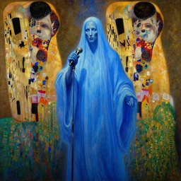 highly detailed oil painting of a blue ghost djinn with a microphone very intricate, cinematic lighting, award - winning, the good spirit of god, by roberto ferri, by artgerm, tom bagshaw, by j. c. leyendecker and klimt, beautiful cinematic light, american romanticism, by austin osman spare, artstation, cgsociety, official art, octane