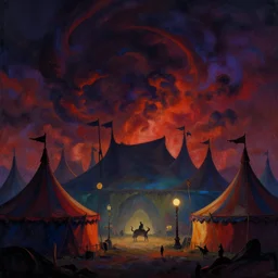 beautiful matte painting silhouette of dark colorfull evil circus tents and carnival, powerful sky, Moebius, frank frazetta, james gurney, thomas kinkade, rodney mathews, trending on artstation