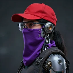 a young indian american engineer woman with cybernetic enhancements purple niqab wayfarer glasses and red baseball cap, scifi character portrait by greg rutkowski, esuthio, craig mullins, 1 / 4 headshot, cinematic lighting, dystopian scifi gear, gloomy, profile picture, mechanical, half robot, implants, steampunk