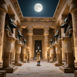 a cinematic scene of egyptian gods with animal heads, having a ceremony in a moonlit temple in karnak