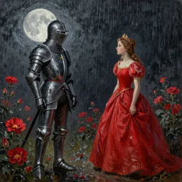 rain, moon, knight and princess, oil painting, red and black, bloom, detailed, coherent like dalle 2