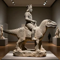 ancient Irish, circa 1200, photo of stone carved statue, of a night in armor riding a dinosaur, romanesque style, in a museum room