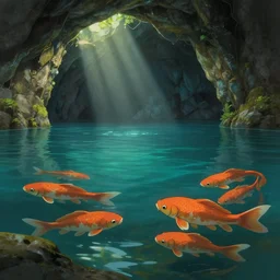 a cave lake with some big orange fish inside, studio ghibli, pixar style, octane render, unreal engine 5, path traced, highly detailed, high quality, 8 k, soft lighting, godrays, complementary colors, natural lighting, water parallax, serene landscape, beautiful, elegant, digital painting