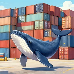 a happy whale in front of a huge stack of containers at the port, intricate details, digital art by artgerm