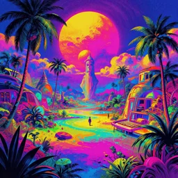 a vaporwave render of a psychedelic paradise, by weta digital, by weta fx, graphic novel, spray paint, hyperspectral imaging, technicolor