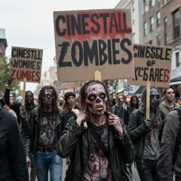 cinestill zombies carrying protestor signs during the apocalypse