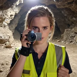 photo, close up, emma watson in a hi vis vest, in dusty open pit mine, android cameraphone, lens flare, 2 6 mm,