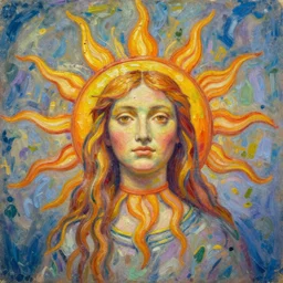 highly detailed scene, HD symbolic natural, artstation style, artstation form, The queen of the sun, by Simon Stålenhag and Claude Monet, oil on canvas