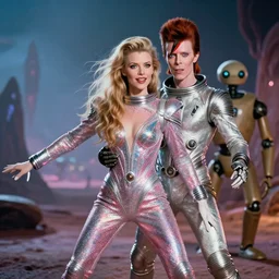 a portrait of milla jovovich and david bowie wearing a rocknroll glitzy glamour spacesuit, beautiful, heroic action pose, a friendly android is here, soft focus, depth of field, stunning alien landscape, cinematic, film grain, 5 5 mm f 1. 4 lens wide shot, in the style of kubrick, ridley scott, jodorowsky, dune, star wars, unreal engine