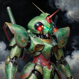 a baroque neoclassicist renaissance close - up portrait of a green and red iridescent whimsical 1 8 0 0 s japanese mecha gundam mantis being with big glowing eyes. reflective detailed textures. puffy clouds, dark black background. highly detailed fantasy science fic tion painting by moebius, norman rockwell, frank frazetta, and syd mead. rich colors, high contrast. artstation