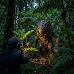photo of a jungle at dusk that is inhabited by a type of radioactive radium based lifeform that watches the photographer from the cover of the underbrush, staining the scenery with its waste, sludge dripping from ferns