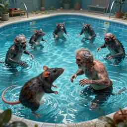 photo, two ugly old men fight rat monsters 5 3 8 2 8 inside a swimming pool, highly detailed, scary, volumetric lighting