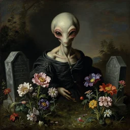 still life portrait of surreal alien at graveyard covered with surreal alien flowers by greg rutkowski, trending on artstation artgerm, beautiful baroque painting, chiaroscuro, photo, volumetric cinematic perfect light, beautiful detailed octane render by raphael, caravaggio, beksinski
