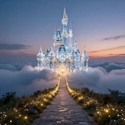 arcing pathway leading to a dramatic diamond glass castle flying the clouds, volumetric lighting, dusk, faerie lights, epic composition landscape, photorealism, 8 k inspired by jason de graaf and ul de rico