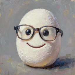 Oval marshmallow smiling and wearing glasses, oil painting