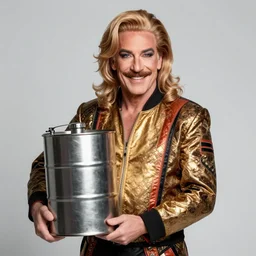 portrait of rupaul holding a steel container of petroleum, realistic, high quality, studio lighting