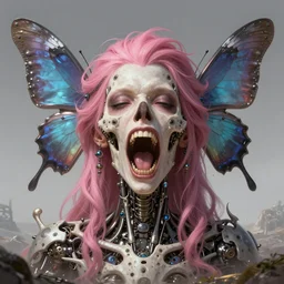 Death is swallowed up in victory, very detailed and beautiful face, pink hair, screaming, mechanical butterfly, artwork by artgerm, centered shot, wide angle, full body, islandpunk, solarpunk, DD, fantasy, highly detailed, digital painting, artstation, smooth, sharp focus, art by thomas kinkade and H.R. Giger and Kevin Swartz