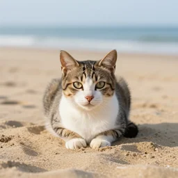 a cat inside the sand on the beach