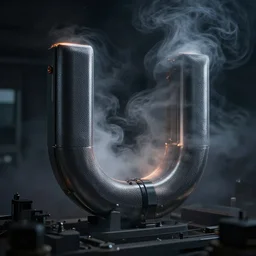 dark thick smoke over a u shaped super conducting magnet