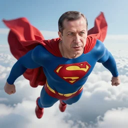 recep tayyip erdogan wearing a superman costume and flying in the clouds, close - up, cinematic, professional photography