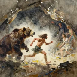 abstract watercolor painting of one prehistoric caveman running to escape attacking bear, cave, paint brush strokes, art by hans dahl, jesper ejsing, anders zorn, greg rutkowski, greg manchess, wonderful masterpiece, cinematic light, american romanticism