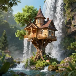 treehouse victorian village in a waterfall, by peter mohrbacher dan mumford craig mullins nekro, volumettic light, cgsociety, pixiv, 3 d render