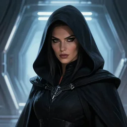 closeup portrait, beautiful woman dark lord of the sith wearing a hooded jedi cloak, standing in deathstar hallway, rim light, volumetric lighting, digital painting, artstation, concept art, smooth, sharp focus, illustration, art by arney freytag, glamour pose, greg rutkowski, soft ambient lighting, particle effects, iso 4 0 0, 2 4 - 1 2 0 mm f / 4 at 6 2 mm,