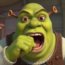 a close up portrait from an awkward fisheye angle of shrek with large bloodshot eyes bulging out of their sockets as shrek's mouth is agape from coughing profusely