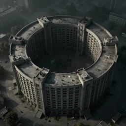 matte painting of the bird's eye view of circle shaped building. brutalist soviet architecture. dark horror fantasy. fantastical, detailed digital art trending in artstation