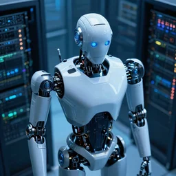 hyperrealistic medium close - up robot in data center highly detailed concept art eric zener elson peter cinematic hard blue lighting high angle hd 8 k sharp shallow depth of field, inspired by david paul cronenberg and zdzisław beksinski