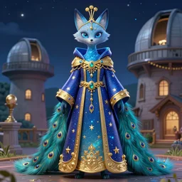 3 d model of an ethereal colorful blue starry fox peacock character accented in gold, wearing star filled magic imbued mage robes, wearing lots of gold jewelry and gems, set in observatory at night, art by yuji ikehata, background art by miyazaki, realism, proper human proportions, fully clothed, cgi, gaming, zootopia character design
