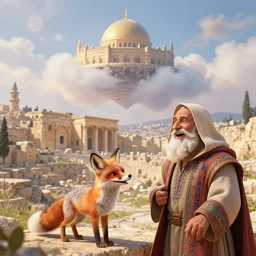 a adorable small fox in the huge ruins of the second temple in jerusalem at a distance. the third temple hovers quietly hiding in the dreamy clouds above, in the foreground is hooded bearded old man in a tunic laughing, colorful 8 k, art station, intricate superb details, digital art, cinematic, bokeh dof sky by afremov.