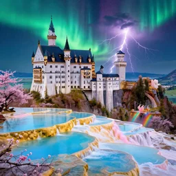 neuschwanstein castle on pamukkale thermal waters flowing down gold travertine terraces in royal blue antelope canyon during sakura season on an interstellar aurora borealis with heavy thunder and lightning, pink waterfalls, rainbow, by peter mohrbacher, james jean, james gilleard, greg rutkowski, vincent di fate, rule of thirds, octane render, beautiful landscape, rainbow bridge
