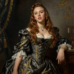 scarlett johansson with long hair dressed in pin up style, ultra detailed, beautiful, by greg hildebrandt fancy rococo baroque oil painting high quality clothed in fancy garb in pin up style