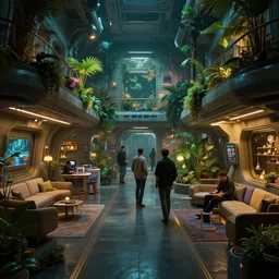 people hanging out in an interior of a spaceship hall with living quarters and artificial gardens, cyberpunk, moody, luminescent, rule of thirds, golden ratio, ambient lighting, syd mead, greg rutkowski, wlop, artgerm, artstation, highly detailed masterpiece