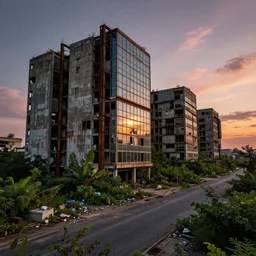 a streetview of brutalist architecture, abandoned buildings, empty streetscapes, surrounded by lush green vegetation, stunning volumetric lighting, sunset, rusted steel, solid concrete, glass, stunning skies, scattered rubbish and debris, 8k, photorealistic, hyper detailed, unreal engine 5, IMAX quality, cinematic, epic lighting, digital painting in the style of DOOM and Quake, by Greg Rutkowski, trending on Artstation