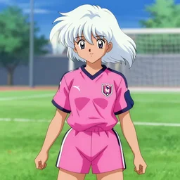 teenage hispanic girl with short white tomboy hair wearing a pink soccer uniform, 9 0 s anime
