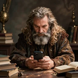 A wizard with bond hair and a beard looking at his smartphone at a desk cluttered with tomes