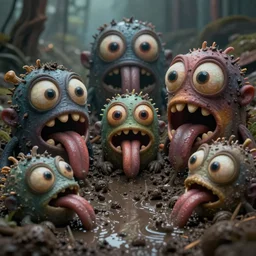 of a dark and muddy landscape with strange cute friendly creatures with huge eyes, mouth, long tongue and round teeth appearing from the wet mud, in the style of gehry, macro lens, shallow depth of field, highly detailed, digital painting, trending artstation, concept art, illustration, cinematic lighting, vibrant colors, photorealism, epic, octane render