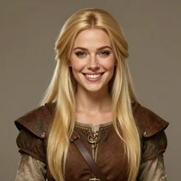 portrait, 30 years old women :: fantasy :: long straight blonde hair, beeing happy, smiling :: attractive, symmetric face :: brown medieval cloting, natural materials :: high detail, digital art, RPG, concept art, illustration