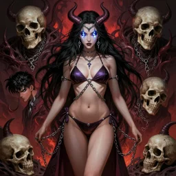 gorgeous!! woman as a chained demoness sorcerer empress wearing a bikini, d & d, morrigan aensland, skulls, lightning eyes, hellish background | art by jack kirby + akira toriyama + katsuhiro otomo + hirohiko araki | intricate, highly detailed, digital painting, smooth, sharp focus, hyper - realistic, symmetrical, full body, illustration, character design, concept art