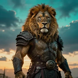 lion mutant warrior , clothes , backlight  body , extreme very textured detailed intricate  victorian painting , sunset, dramatic clouds cyan atmosphere