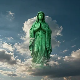 wide angle sky with emerald green virgin mary cloud in center