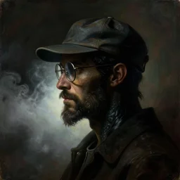 a close - up side profile portrait of a silhouette of a retrofuturistic bird alien wearing a baseball hat, glasses, scruffy facial hair, masculine features. glowing fog in the background. renaissance portrait painting. highly detailed science fiction painting by norman rockwell, frank frazetta, and syd mead. rich colors, high contrast, gloomy atmosphere, dark background. trending on artstation
