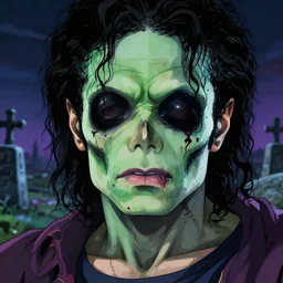 michael jackson!!!! realistic dramatic !big face realistic close up concept art  of michael jackson gray green zombie as a dragon ball Z  character,dark eye sockets,  graveyard landscape at night , 4k anime character illustration by akira toriyama, artstation