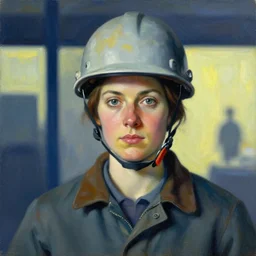 Portrait of a woman engineer with helmet,  very coherent, painted by Edward Hopper, painted by James Gilleard, airbrush,  art by JamesJean