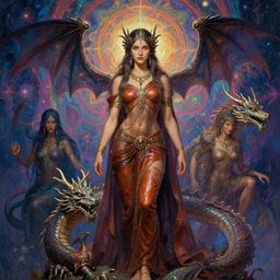 radiant attractive world culti kali clothed female goddess dragon born assassins of the mystic unity, fine leather draped over form, hindu see through clothing, psychedelic fractal background, illustrative character design, concept art, tales of earthsea, sky witch, colorful, matte painting, soft illumination, painting by gaston bussiere, craig mullins, j. c. leyendecker, tom of finland
